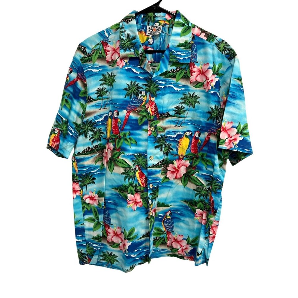 Pacific Legend Mens Hawaiian Shirt Blue Tropical Parrots Flowers Sz XL